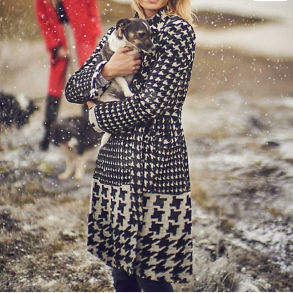 Ett:twa by Anthropologie Black Gray & Cream Houndstooth Wool Blend Coat XS